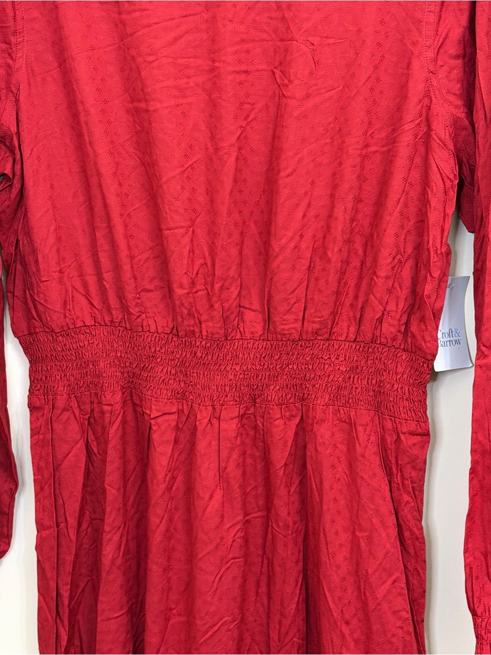 Croft & Barrow Red Long Sleeve Midi Dress Smocked Waist Women’s Large NWT - Picture 3 of 12